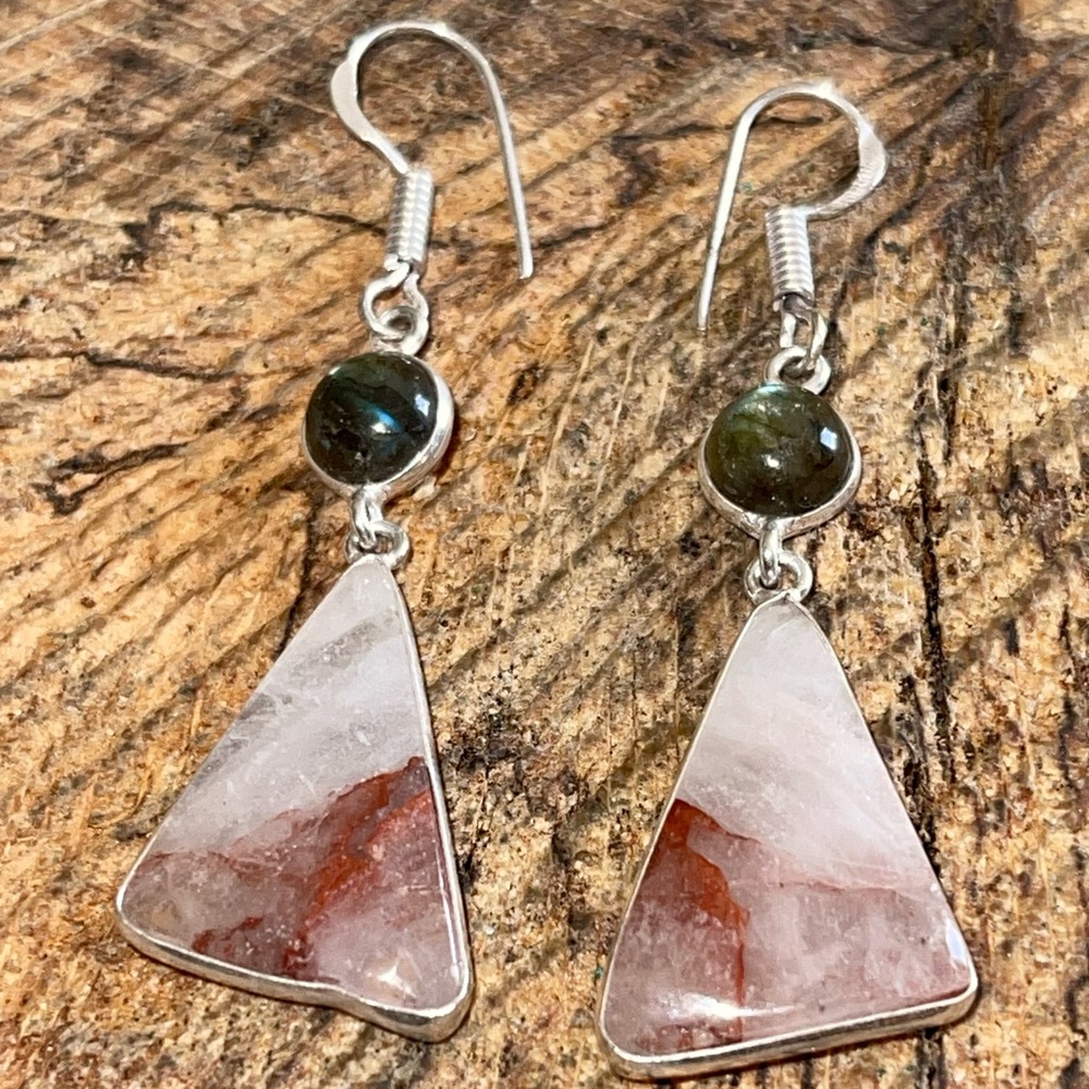 Labradorite & Phantom Fire Quartz Earrings 2” - Picture 11 of 13